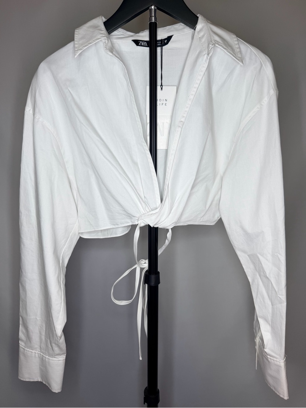 Zara White Cropped Tie-Waist Button Down Shirt